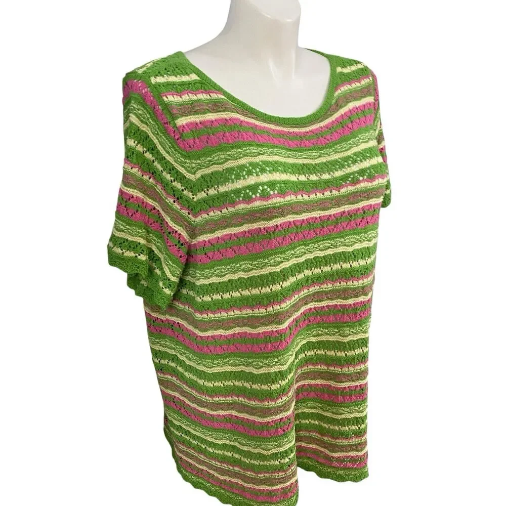 Bell Boho Sweater Womens 2X Green Pink Stripe Open Knit Crochet Short Sleeve